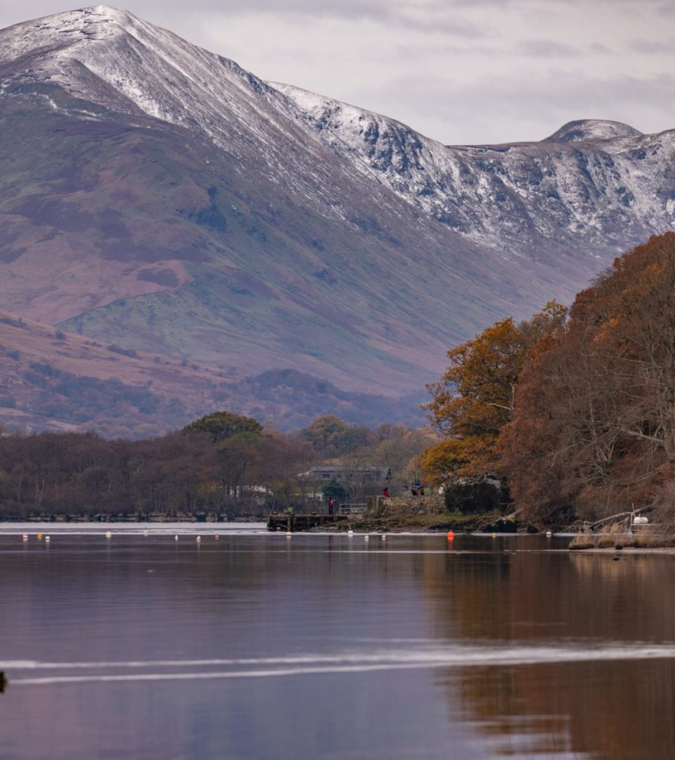 A view over Loch Lomond from our beach in winter to the snowy hills