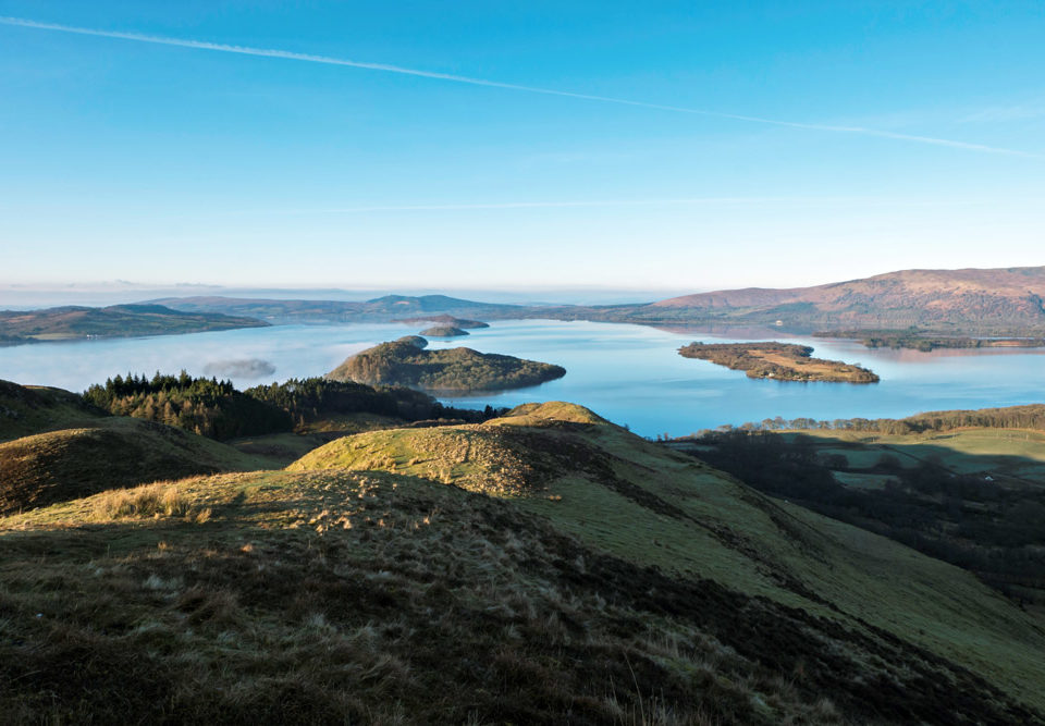 Islands in Loch Lomond aligned to indicate the position of the Highland Boundary Fault, seen from Conic Hill