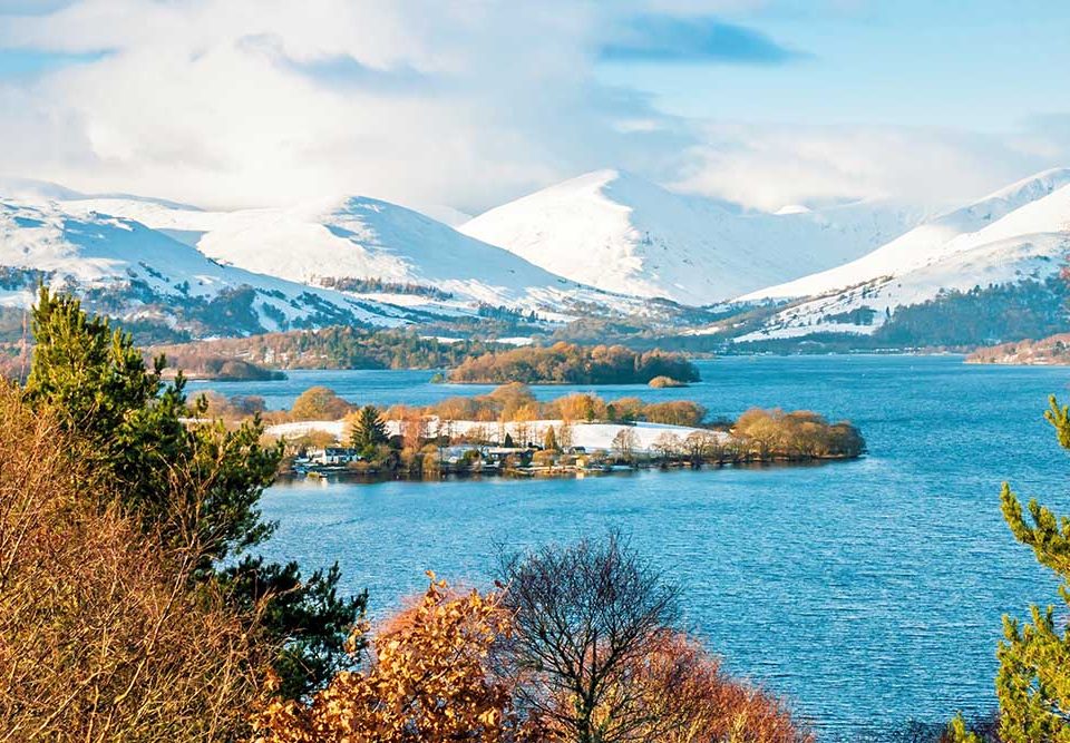 snow on the mountains around Loch Lomond