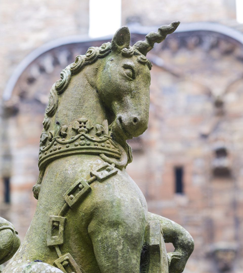 Unicorn figure on the courtyard fountain in Linlithgow Palace