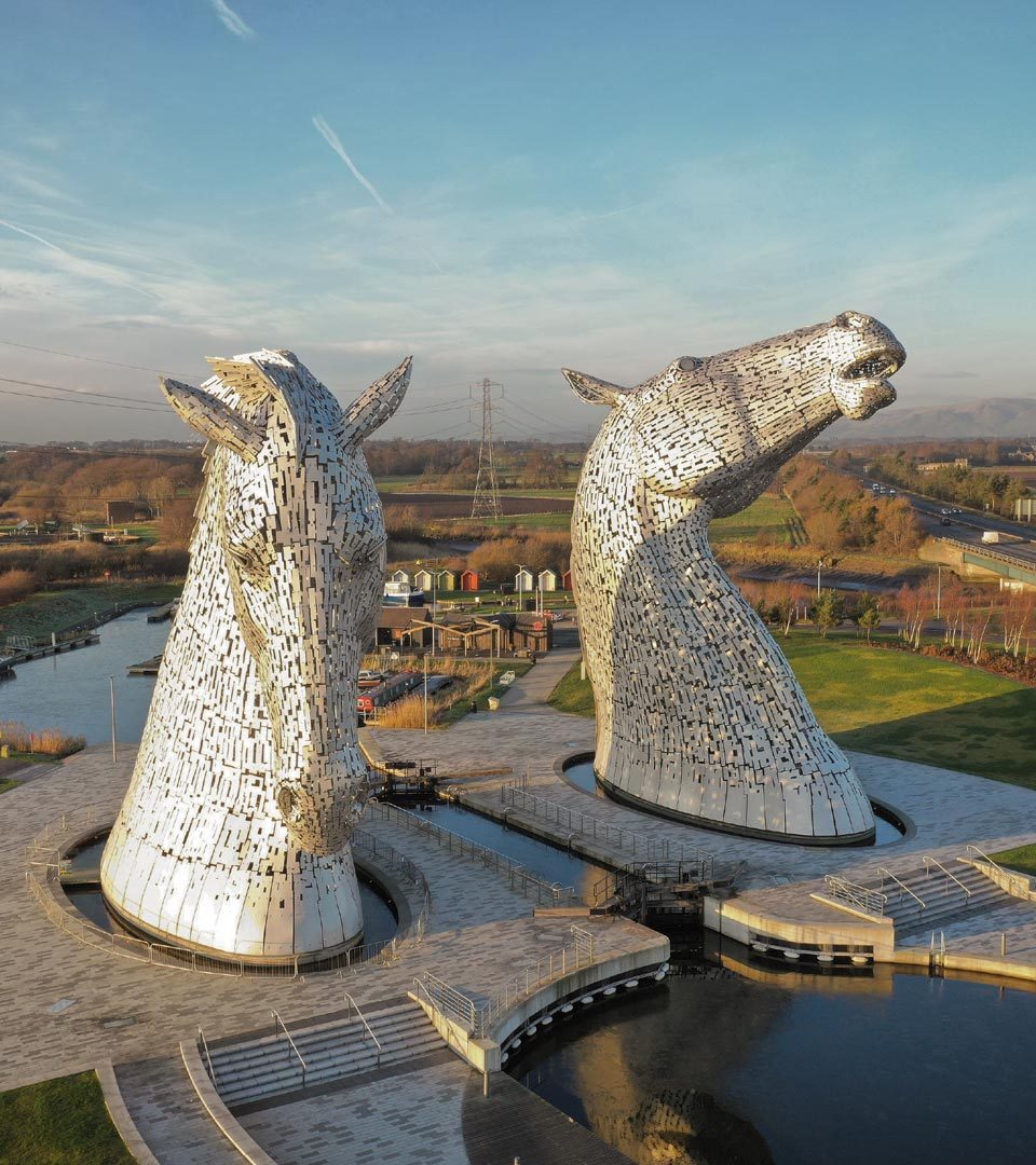 Two steel horses head sculptures at Helix Park in Scotand