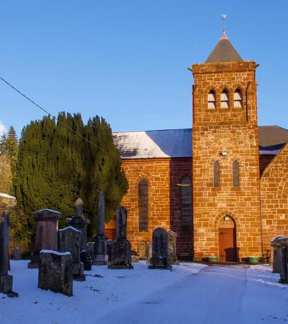 Church in the village of Balfron, Scotland on a snowy day