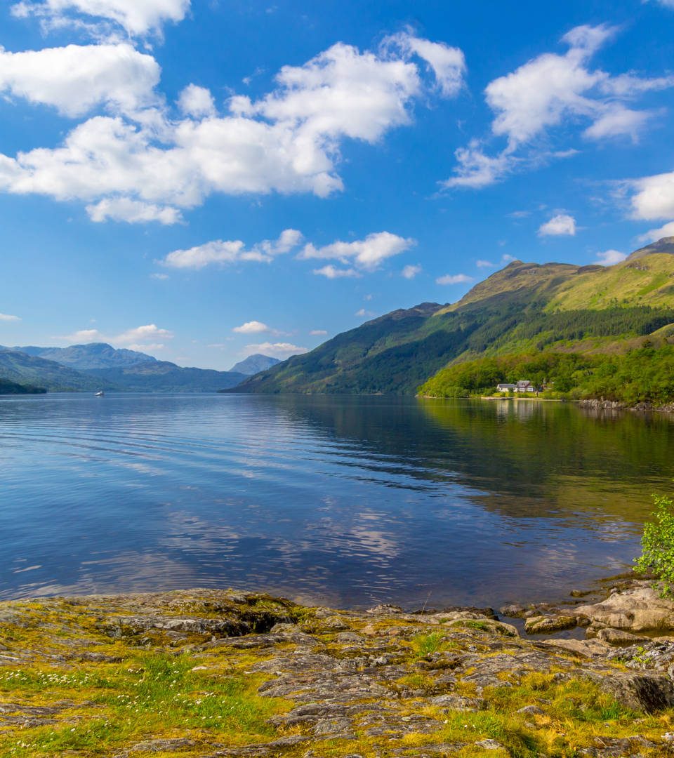 View of Loch Lomond on a sunny day at Rowardennan