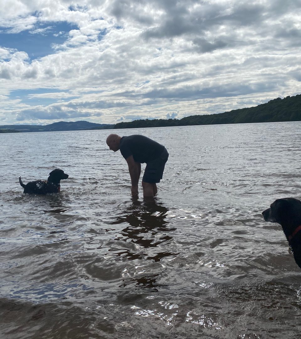 Dogs splashing in the water at our private beach on Loch Lomond