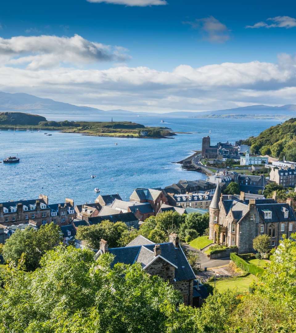 Aerial view of small town Oban in Scotland