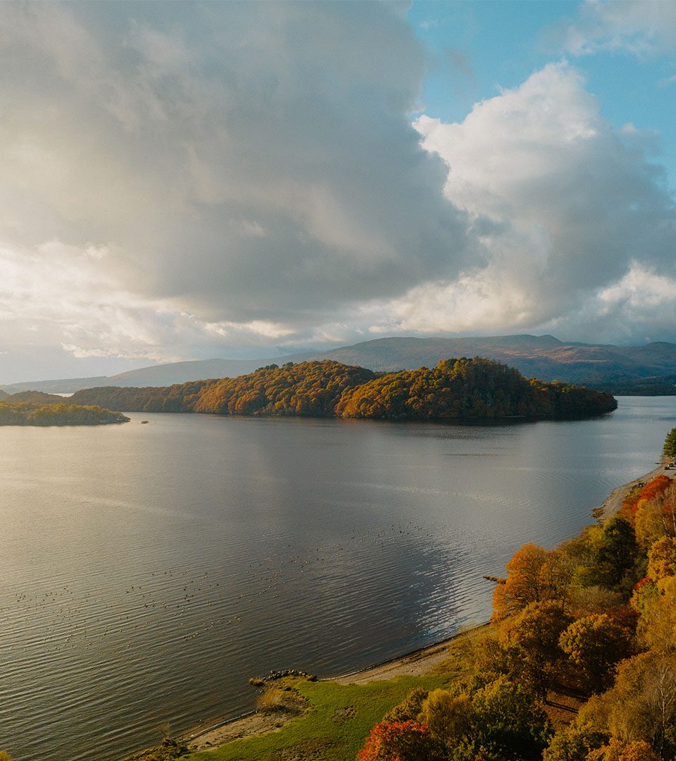 An aerial view of Loch Lomond at Loch Lomond Waterfront luxury lodges in Balmaha