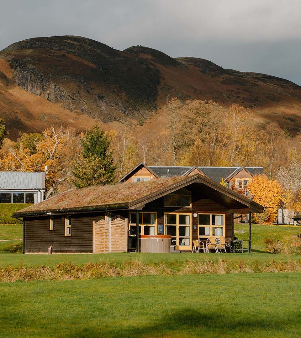 A chalet with Conic Hill behind it at Loch Lomond Waterfront luxury lodges in Balmaha