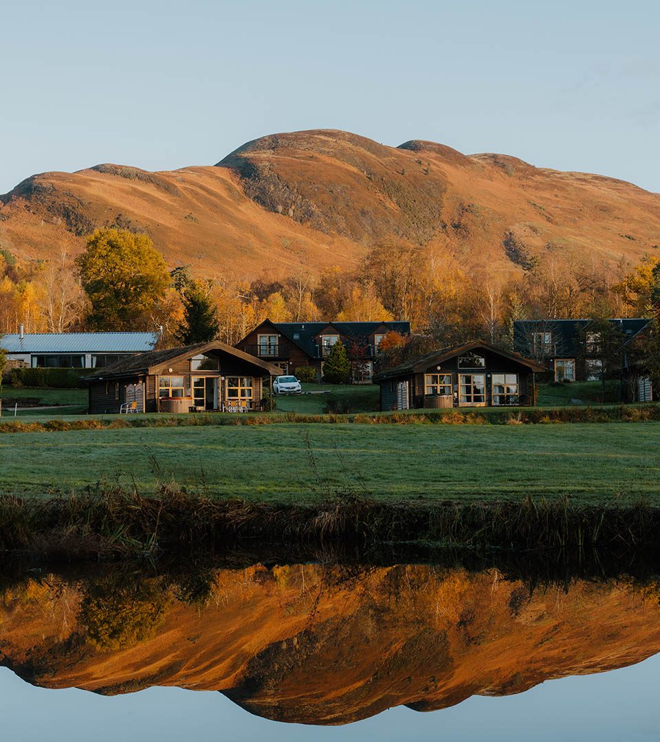 The lodges and chalet with the Conic Hill in the background at Loch Lomond Waterfront luxury lodges in Balmaha