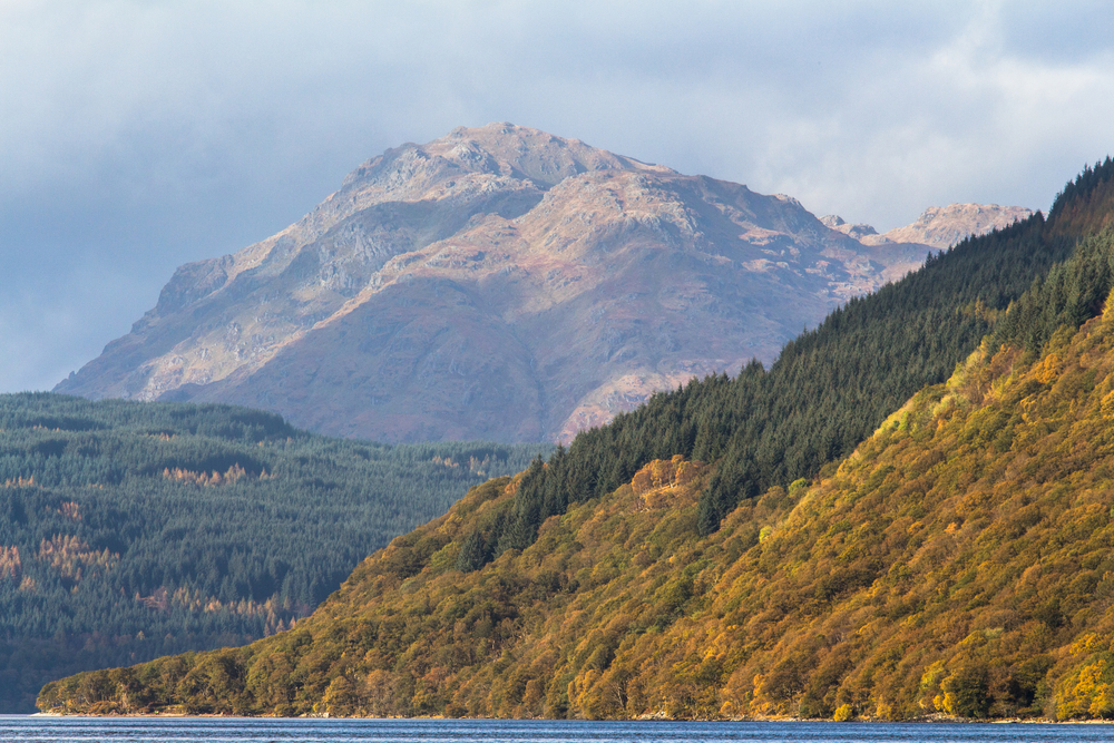 View south down Loch Lomond showing A'Chrois and the power station on the slopes of Ben Vorlich. From the West Highland Way near Glen Falloch, Southern Highlands of Scotland.
