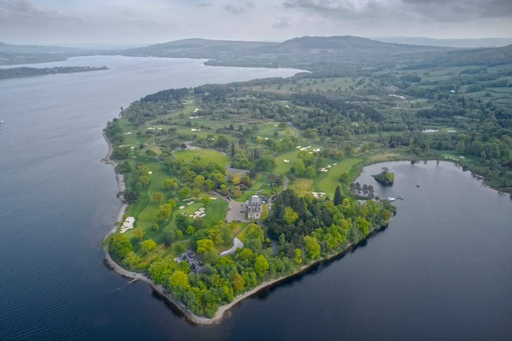 Loch Lomond golf course aerial view Scotland.