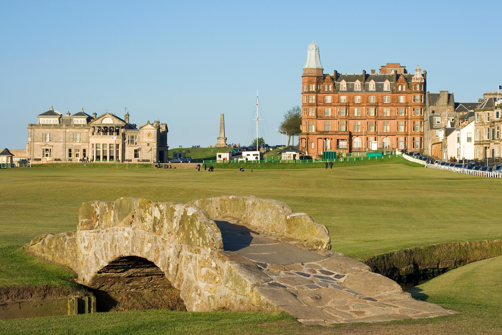 The famous Swilcan bridge on the 18th hole of the Old Course links in St Andrews, Scotland.